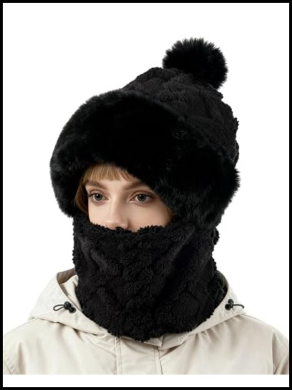 Fleece Balaclava Ski Mask Winter Face Mask Neck Warmer Faux Fur Pom